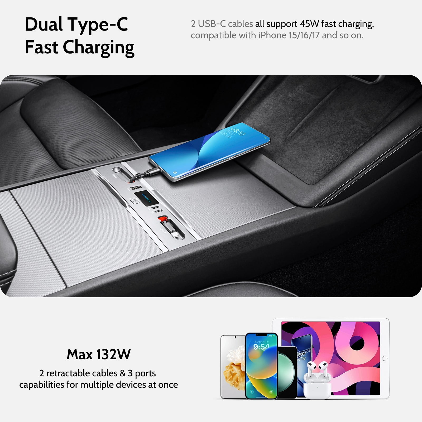 Mowlicas Max 132W Dual Type-C USB Hub, Tesla New Model Y Juniper (2026/2025) Accessories, 5 in 1 Fast Charger for iPhone 16/15 Series, 2-Retractable Cable & 3-Port Docking Station