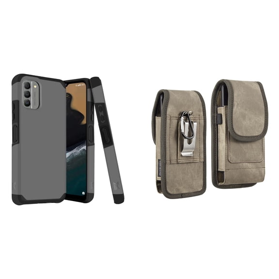 MK Armor Case for Nokia G400 5G and Vertical Rugged Belt Holster (Gray/Brown)