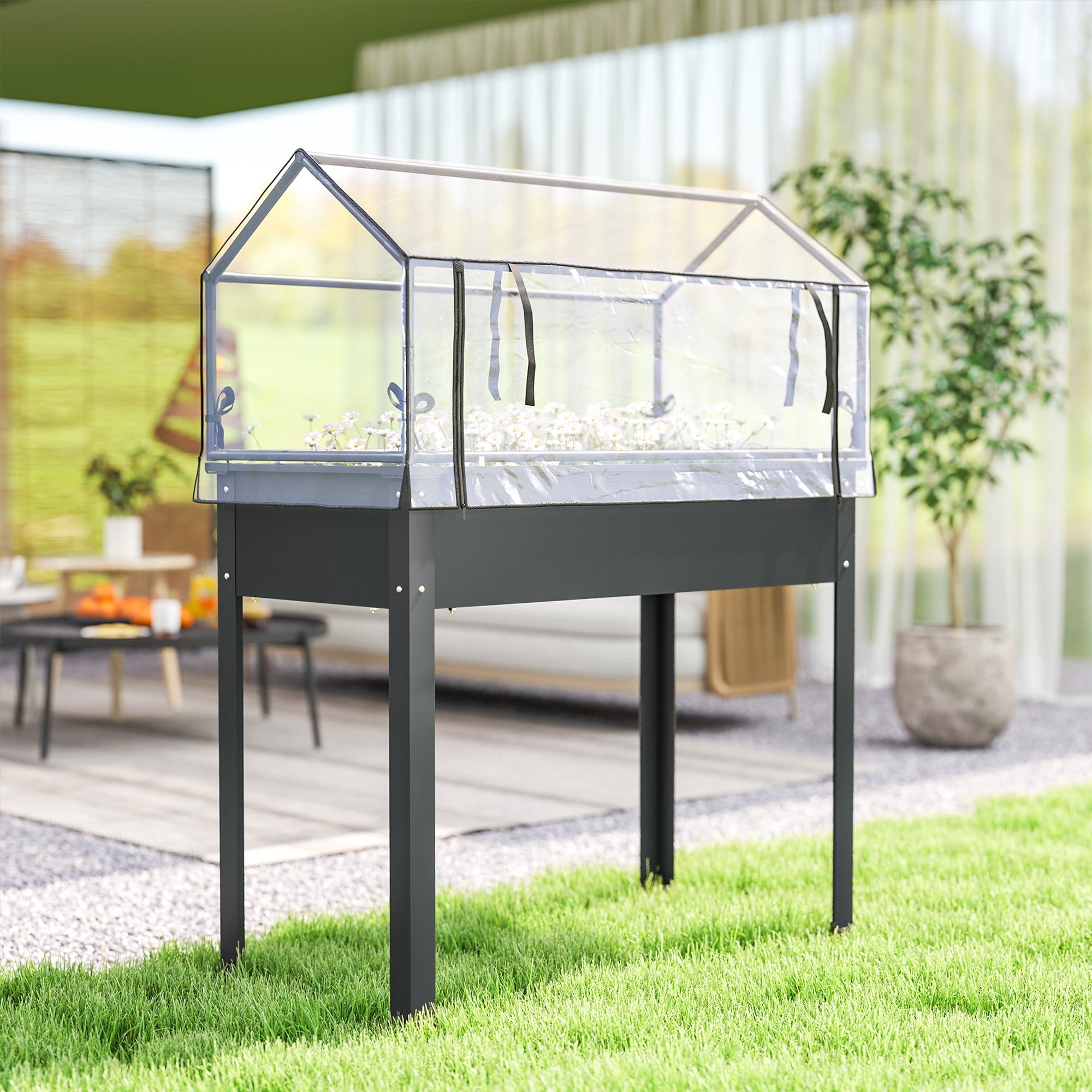Outsunny Raised Garden Bed with Greenhouse Cover, Elevated Garden Box with Legs and Drainage Hole for Vegetables, Dark Gray