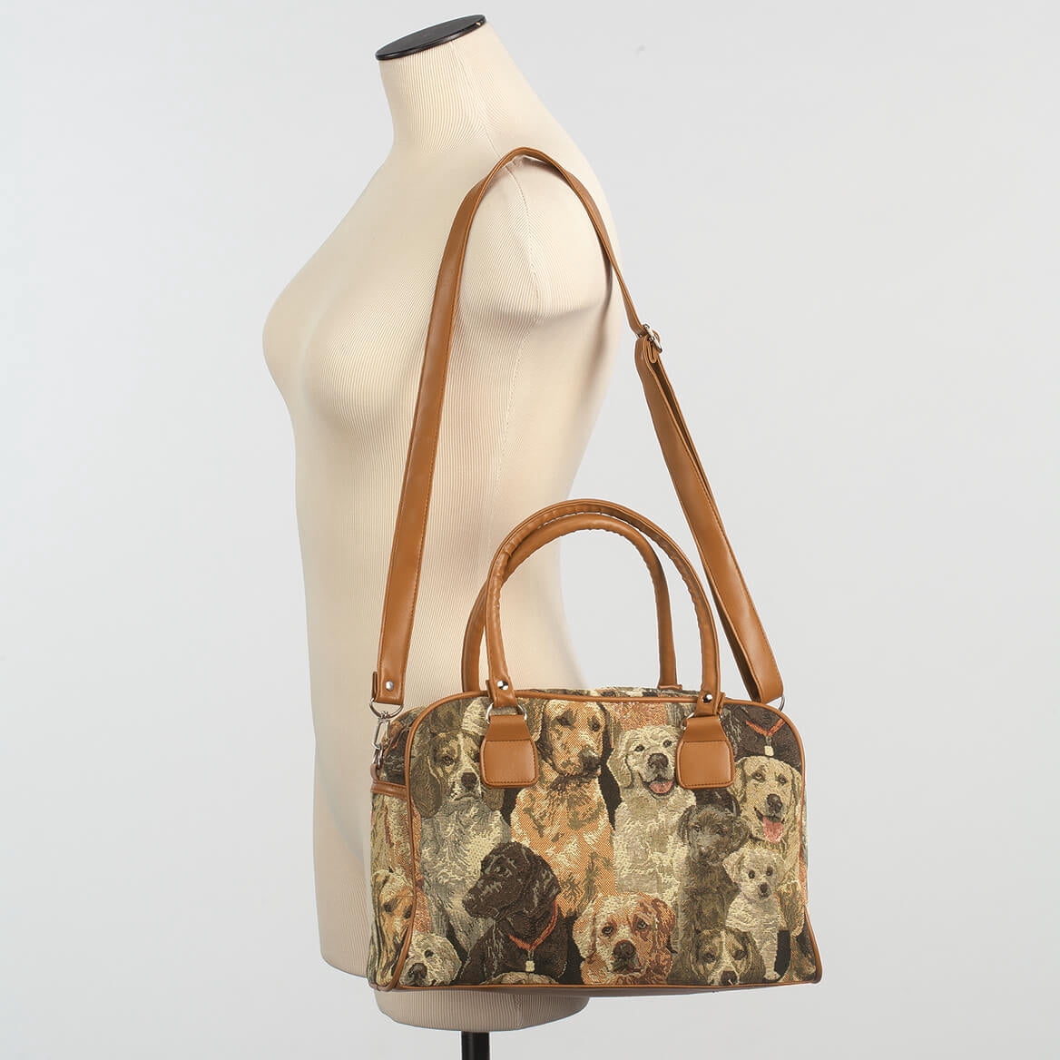 Animal Tapestry Barrel Handbag, Adjustable Straps, Zip Pocket and 2 Side Pockets, Silvetone Hardware - Measures 11" Wide x 8 3/4" High with 5 1/4" Gusset, Dog Design