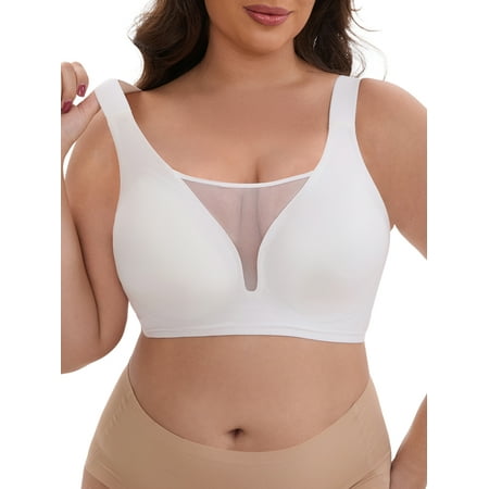 INSPIRE CHIC Women s Mesh Plunge Wirefree Full Coverage Bras Wide Straps Seamless Lightweight Soft Breathable Bra 3XL White