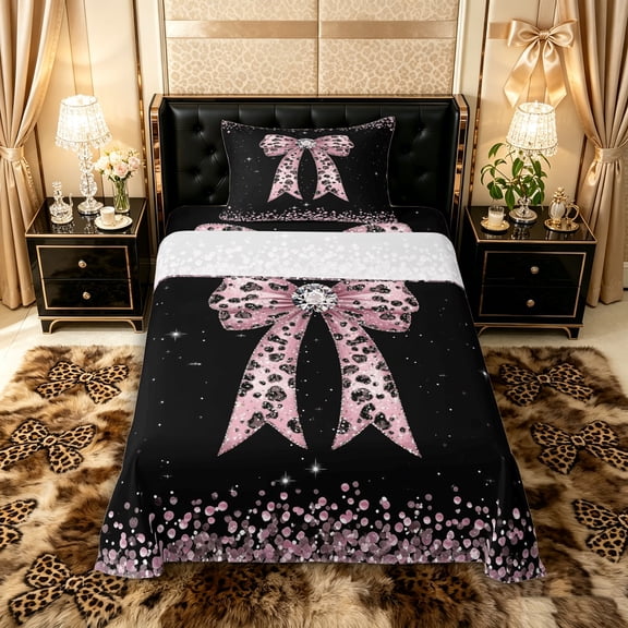 Manfei Cheetah Print Bowknot Twin Sheet Sets 3pcs for Girls Women,Kids Teens Bling Crystal Sequins Bedding,Super Cozy Room Decor