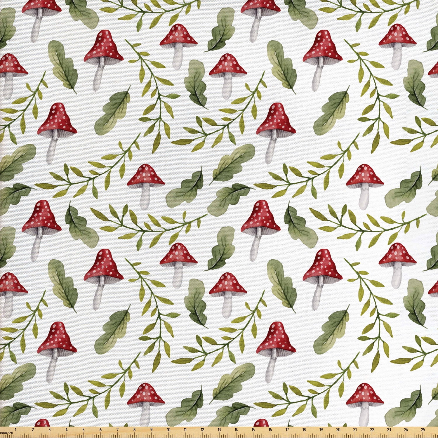 Mushroom Fabric by The Yard, Watercolor Pattern Green Leaves Forest
