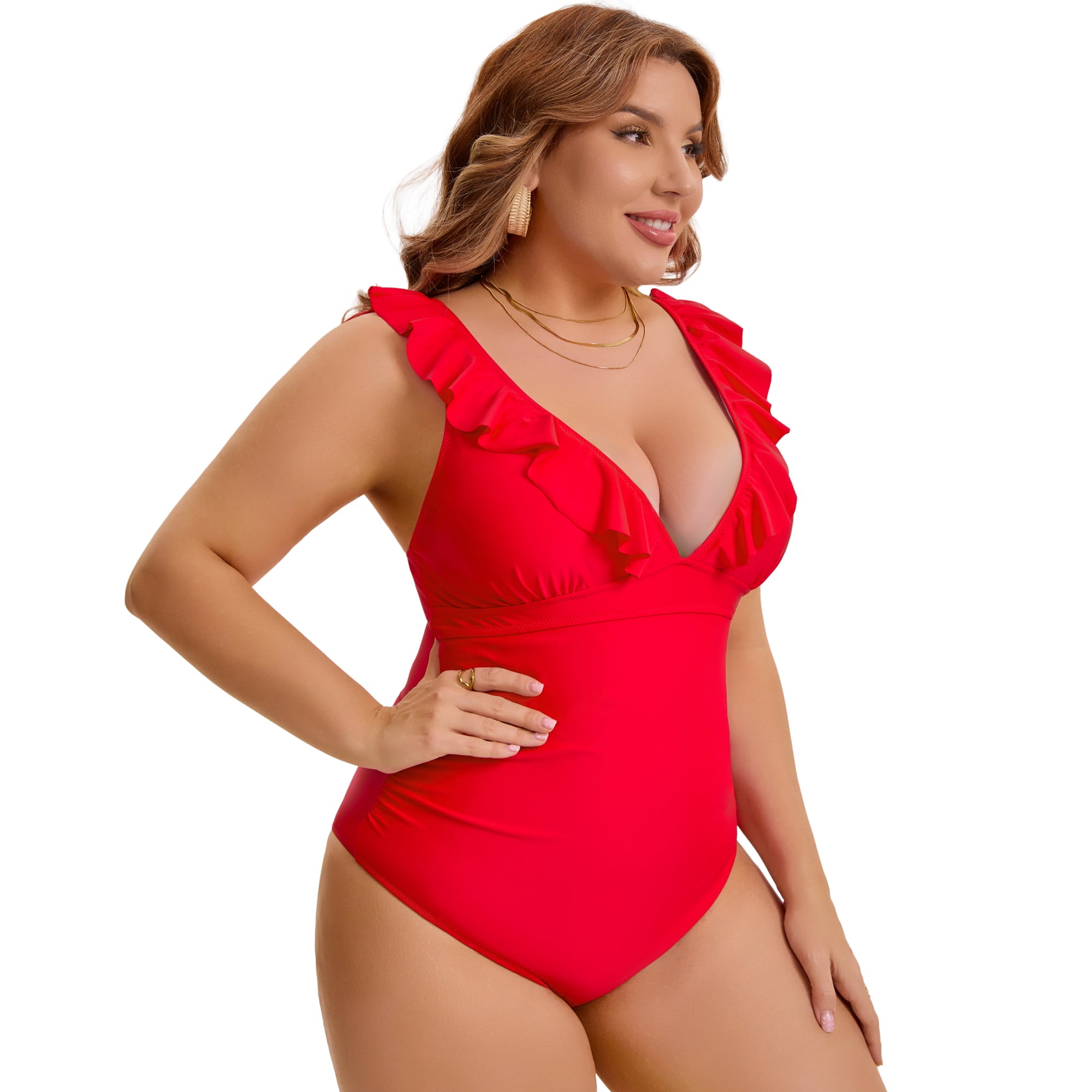 DARING DIVA Women's Plus Swimsuit Ruffled V Neck Tummy Control Bathing Suit L Red