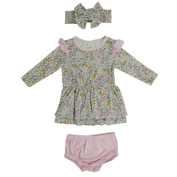Milkberry Bamboo Dress Gift for Baby Girls 3pc Layette for Infants Size 0-3 Months Flower Dress