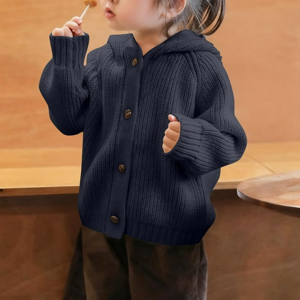 Suéter de manga larga con capucha para niños, chaquetas y abrigos casuales, de color liso, con capucha y botones, top de punto cómodo e informal, blusa de poliéster para niños.