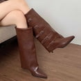thumbnail image 3 of Zhanying Fold Over Boots for Women Pointy Pull-on Wedge Heel Knee Shark Boot With Side Zipper Padlock Design, 3 of 9