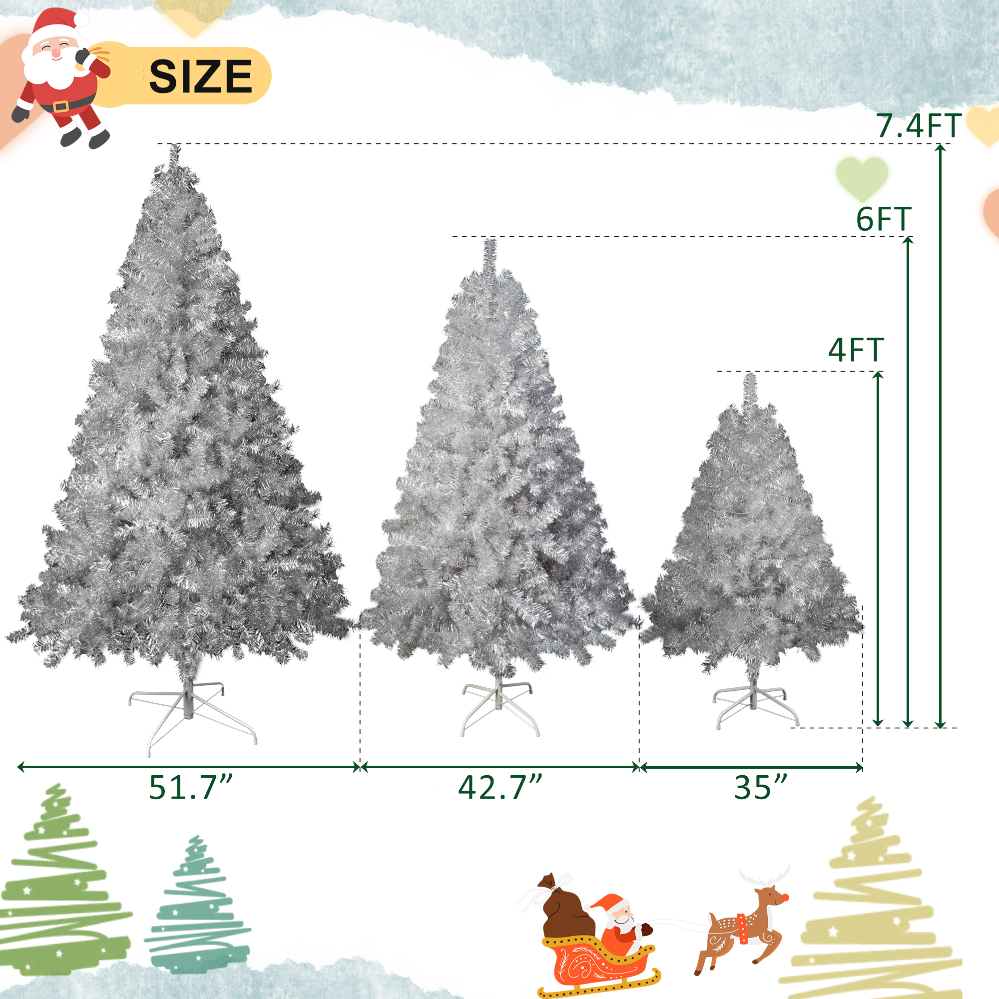 Alvantor 6Ft Pre-Lit Artificial Christmas Tree Hinged Full Tree with 300 LED Lights for Holiday Decoration Sliver