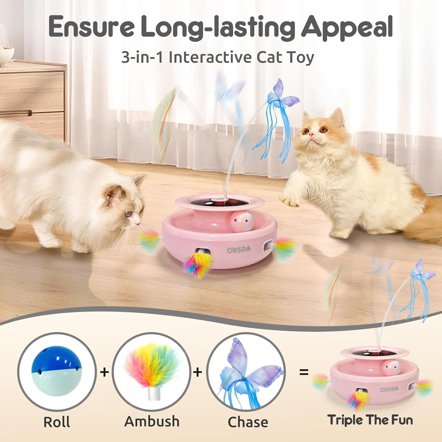 ORSDA 3-in-1 Cat Toys Rechargeable, Interactive Cat Toys for Indoor Cats Automatic Kitten Toy, Moving Ambush Feather, Fluttering Butterfly Toy, Track Balls, Whack a mole Cat Teaser with 11 Attachments