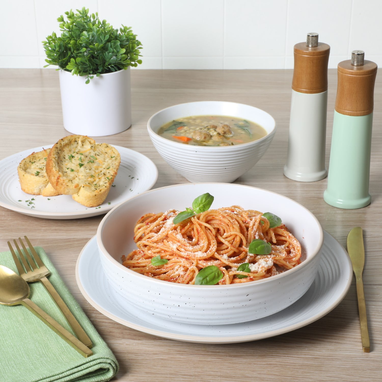 Gibson Home Dinah Double Bowl Stoneware Embossed Speckled Dinnerware Set, Matte White, 16 Piece