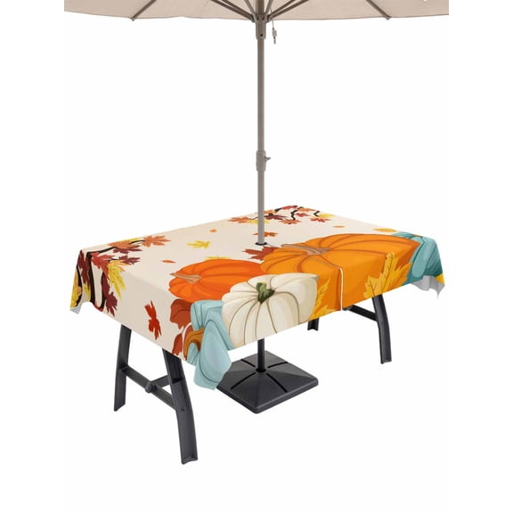 Outdoor Tablecloth with Umbrella Hole and Zipper, Thanksgiving Pumpkin Rectangle Table Cloth 60x84 Inch Waterproof Tablecloth, Orange Yellow Autumn Maple Leaf Picnic Table Cover for Patio Camping