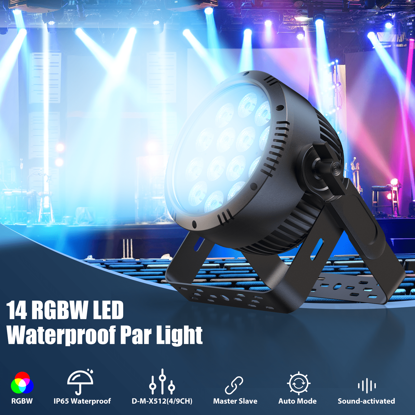 Par Light IP65 Waterproof 14PCS RGBW 4-IN-1 LED Lighting Outdoor Stage Light DMX Party Strobe Effect DJ Light for Church Night Disco Club Wedding