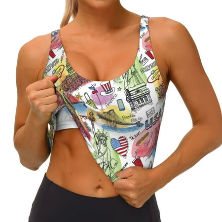 Qokaie America Landmarks1 Pattern Womens Scoop Neck Sports Bra Breathable Workout Vest Padded U Back Medium Impact Fitness Gym Yoga Bra Workout Crop Top