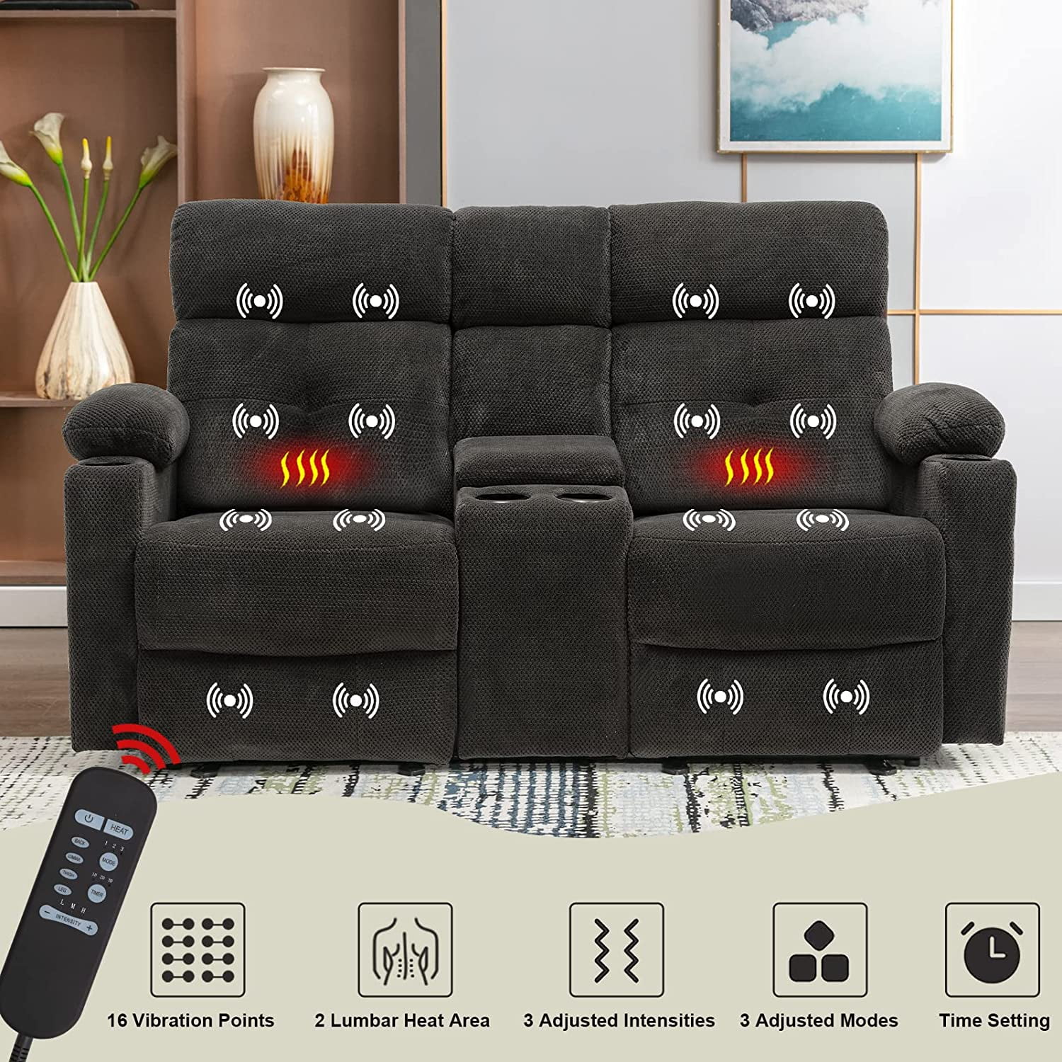 LVUYOYO Power Reclining Loveseat Baby Velvet Massage and Lumbar Heating Recliner