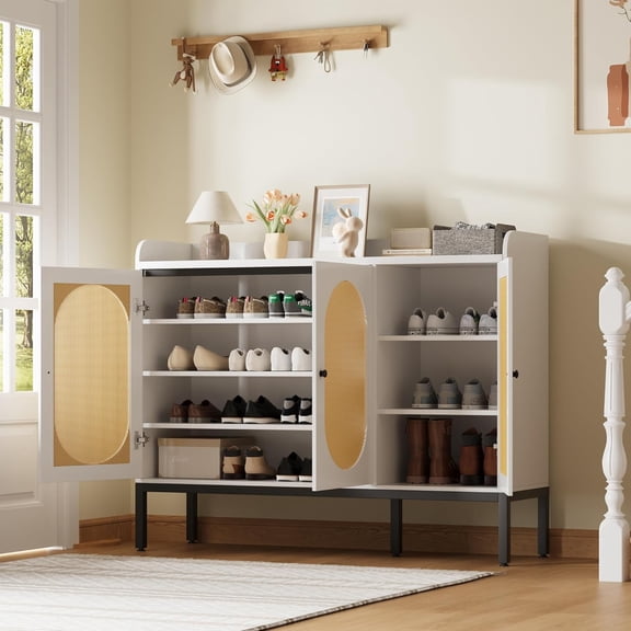 Homhougo Shoe Cabinet with 3 Rattan Doors, Freestanding Shoe Storage Organizer with Adjustable Shelves, 7-Tier Shoe Storage Cabinet for Entryway, Hallway, Living Room, Closet, White