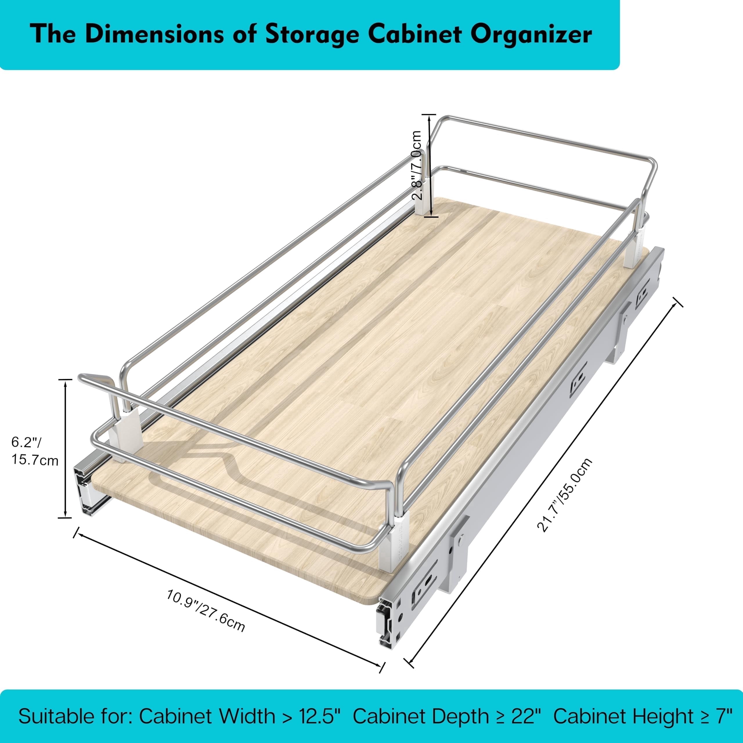 STORKING Pull Out Cabinet Organizer 11" W x 22" D, Slide Out Drawers For Kitchen Organizers and Storage, Drawers For Cabinets Capacity Heavy Duty Caddy, Cabinet Shelves Wood Chrome, Pantry Storage