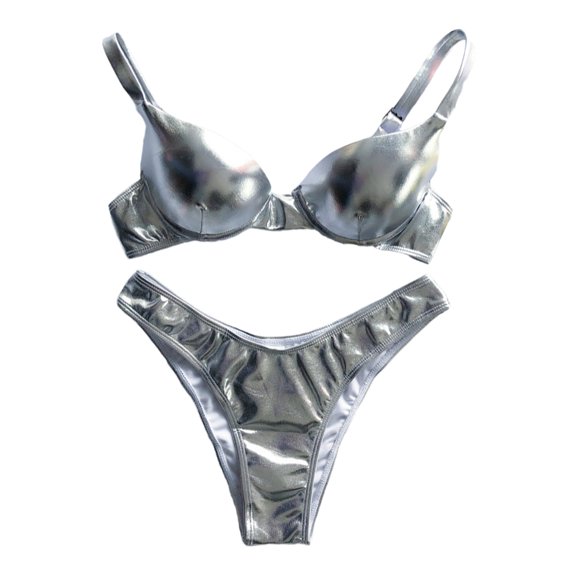 Women 2 Piece Brazilian Bikini Set Reflective Metallic Swimsuit Push Up Underwire High Cut Bathing Suit
