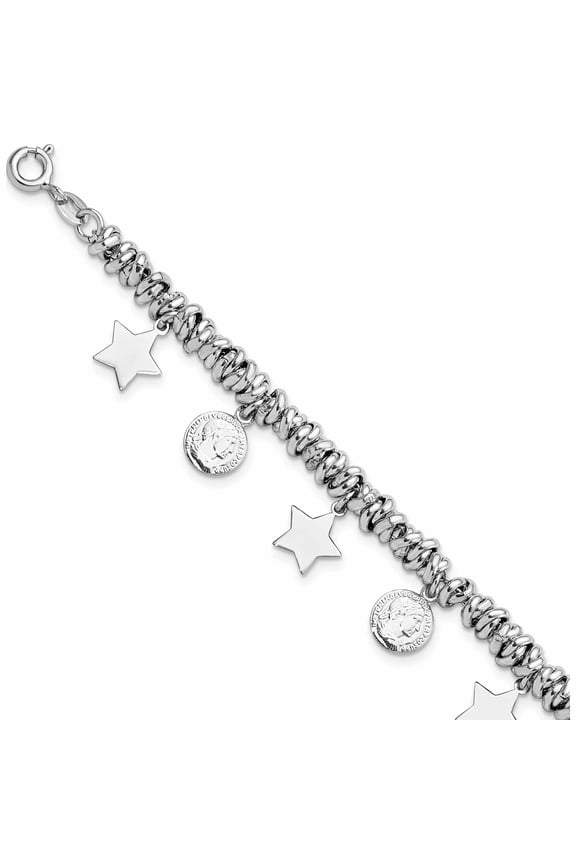 Sterling Silver Rhodium-Plated Polished Coin And Star Charm With 1In Ext. Bra (7.5 X 14.42) Made In Italy -Jewelry By Sweet Pea