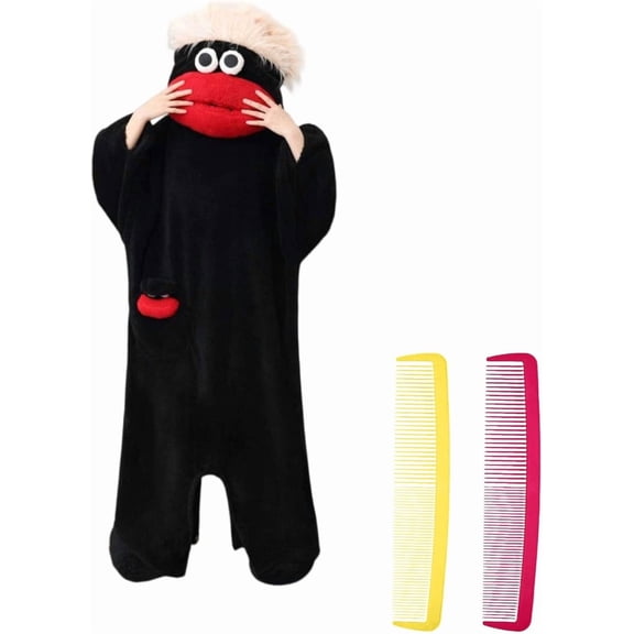 Guvpev Funny Black Big Mouth Monster Onesie with 2Pcs Comb Prop & Shoes, Silly Puppet Mascot Costume, Plush Halloween Cosplay One Piece Pajamas, Oversized Hooded Loungewear