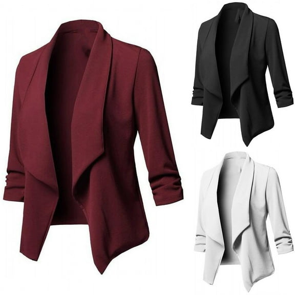 qolati Womens Casual Blazer Open Front Cardigan Work Office Jacket 3/4 Sleeve Ruched Fitted Cropped Blazer Lightweight Top