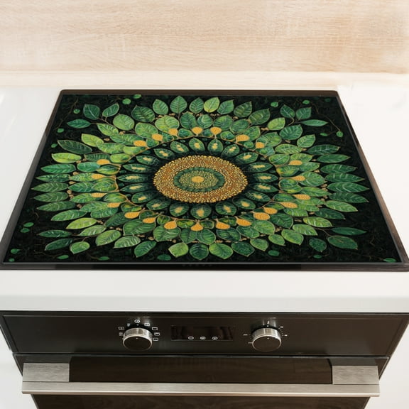 Silicone Stove Mat for Glass Top Stove, Mandala Made Of Green Leaves Electric Stove Cover Mat, 28 x 20 Inch Heat - Resistant Gas Gtove Burner Covers Glass Stove Top Protector