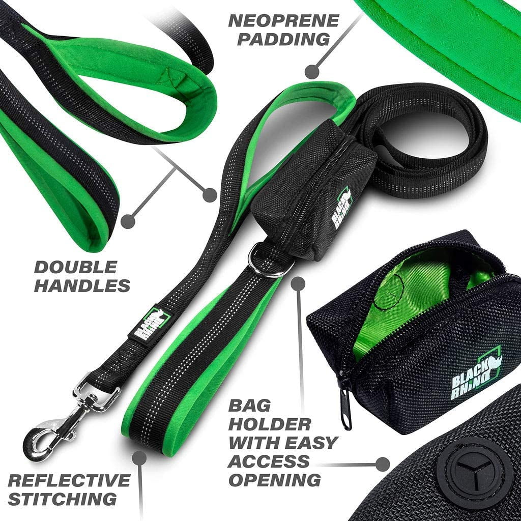 BLACK RHINO Heavy Duty Dog Leash Double Handle Reflective (6 Feet, Green)