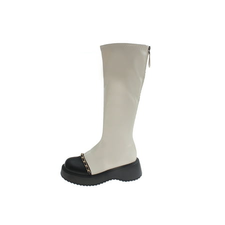 

Lacyhop Ladies Party Casual Winter Knee High Shoes Chunky Riding Boots Comfort Round Toe Beige 7