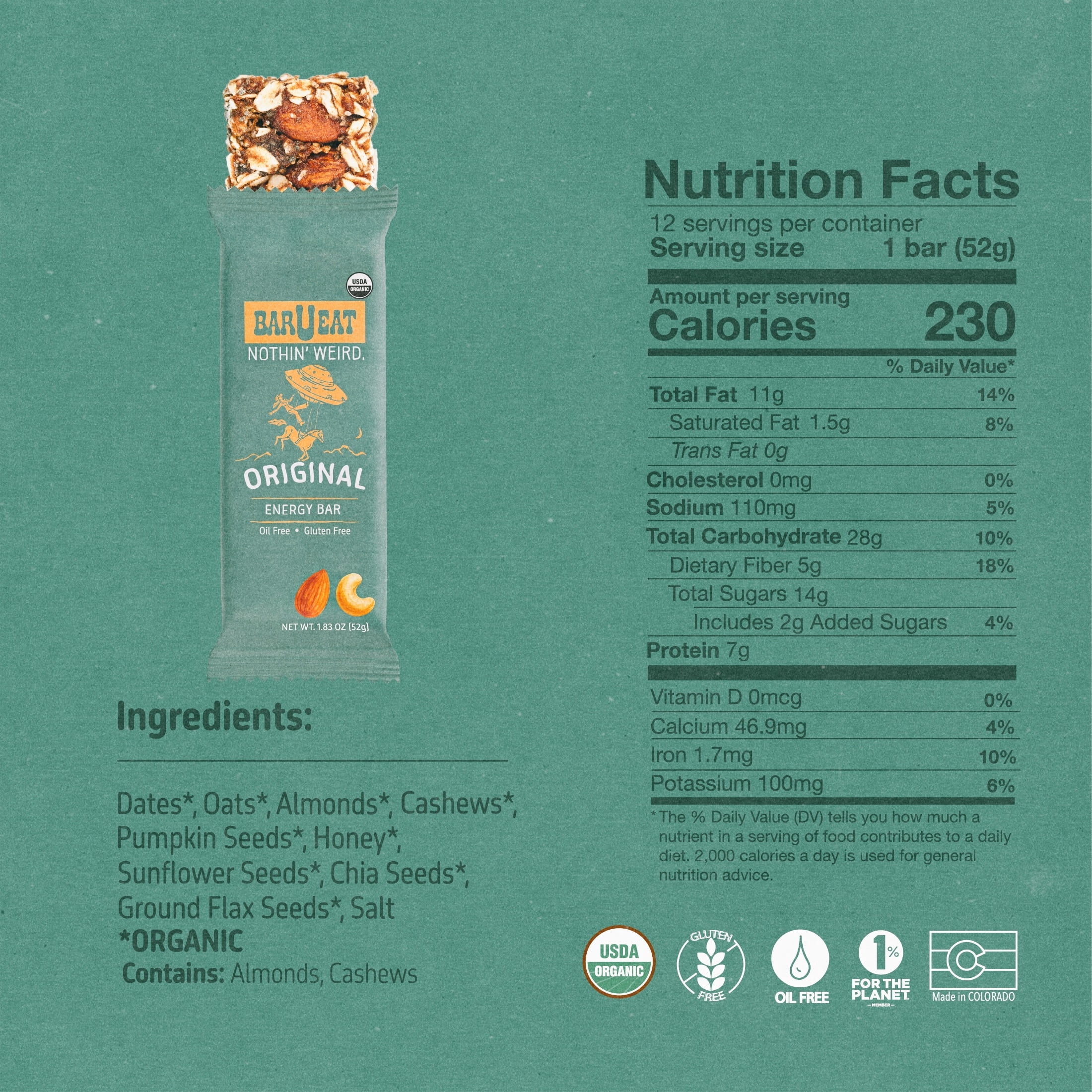 BAR-U-EAT Gluten-Free, Organic, Soft & Chewy Energy Bar. Whole Food Ingredients | Compostable Packaging | No Artificial Sugar Healthy Snack (Original 12 Pack)