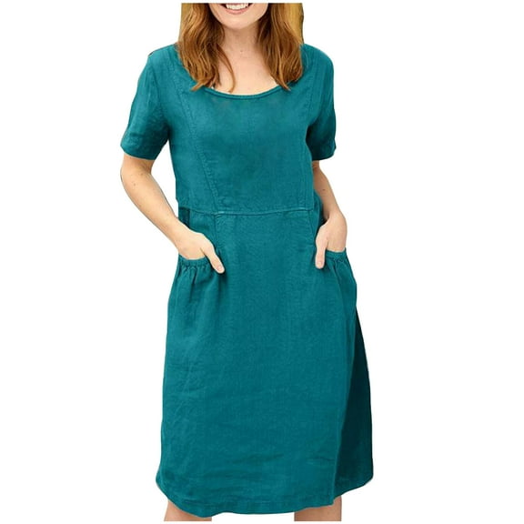 Women's Cotton Linen Midi Dress Crewneck Short Sleeve Causal Loose Tshirt Dresses with Pockets