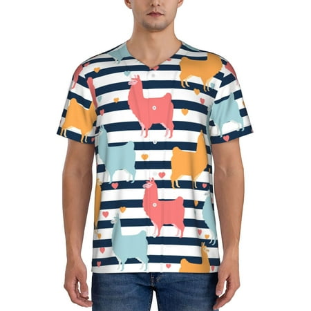 Hirioo Colorful Llama for Men s Baseball T-shirt Shirts Short Sleeve Casual Summer Button Stretch T Shirts Size S-4XL-Medium