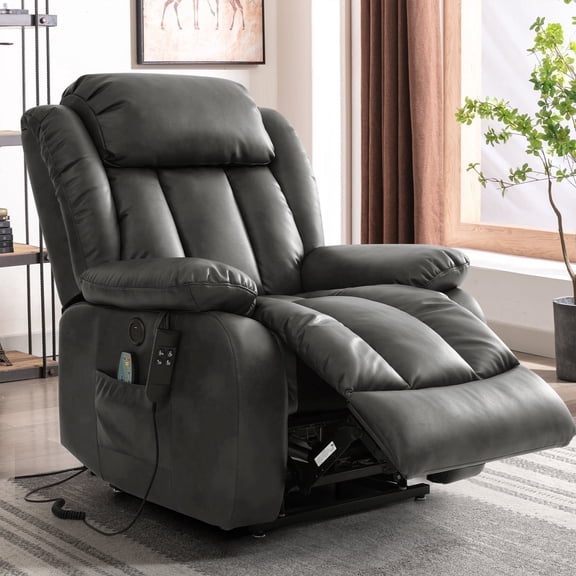 INGALIK Power Lift Recliner Chair Dual Motor, Infinite Position Lay Flat Recliners for Adult & Elderly with Heat & Massage, Large, Type-C Charge, Lumbar Pillow for Living Room, Leather (Gray)