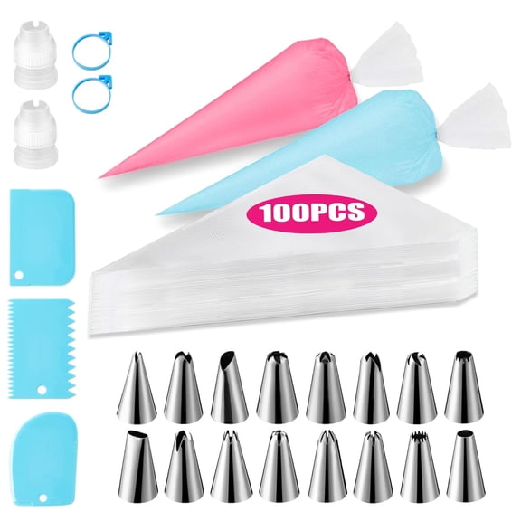 100pcs Piping Bags & Tips Set with 16 Stainless Steel Nozzles, 3 Scrapers,2 Couplers, 2 Bag Ties – 30cm Baking Decorating Kit for Cakes, Cookies, Cupcakes