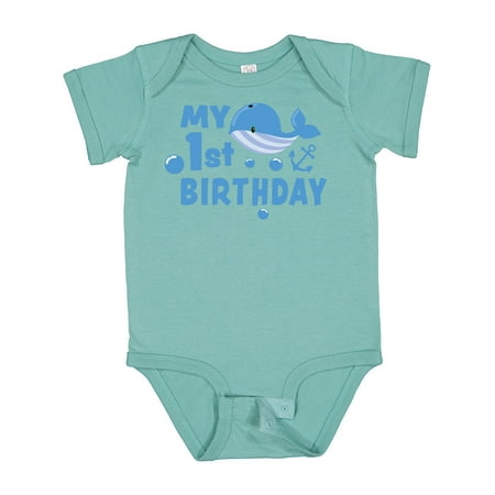 

Inktastic Nautical My 1st Birthday with Blue Whale and Anchor Gift Baby Boy or Baby Girl Bodysuit