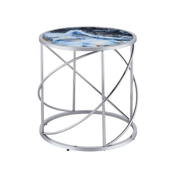 ACME Lyda Contemporary Metal/Marble End Table in Blue Print and Chrome