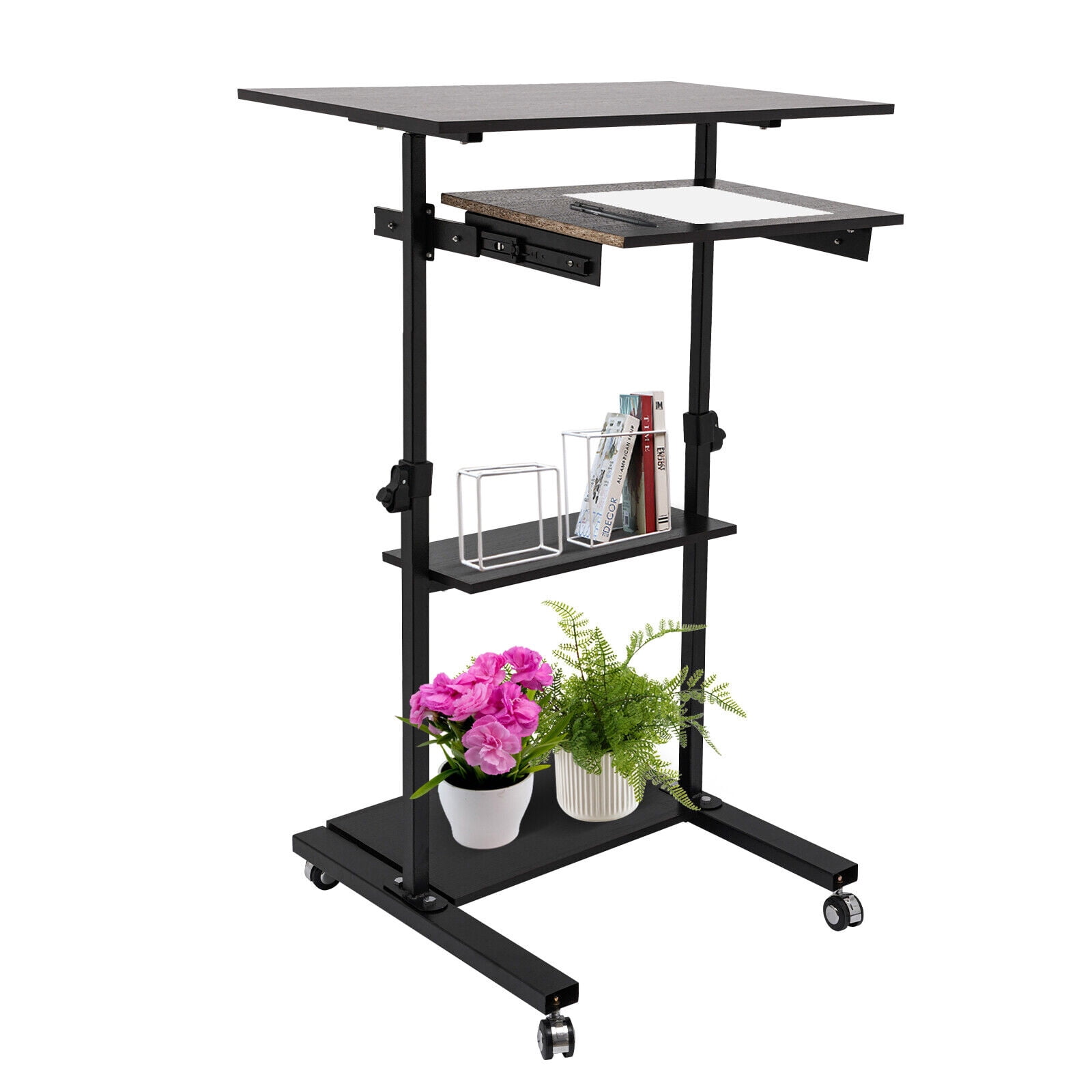 Stand Up Desk Cart Adjustable Table Height Black With 4 Countertops Mobile Standing Desk, Stand Up Work Station