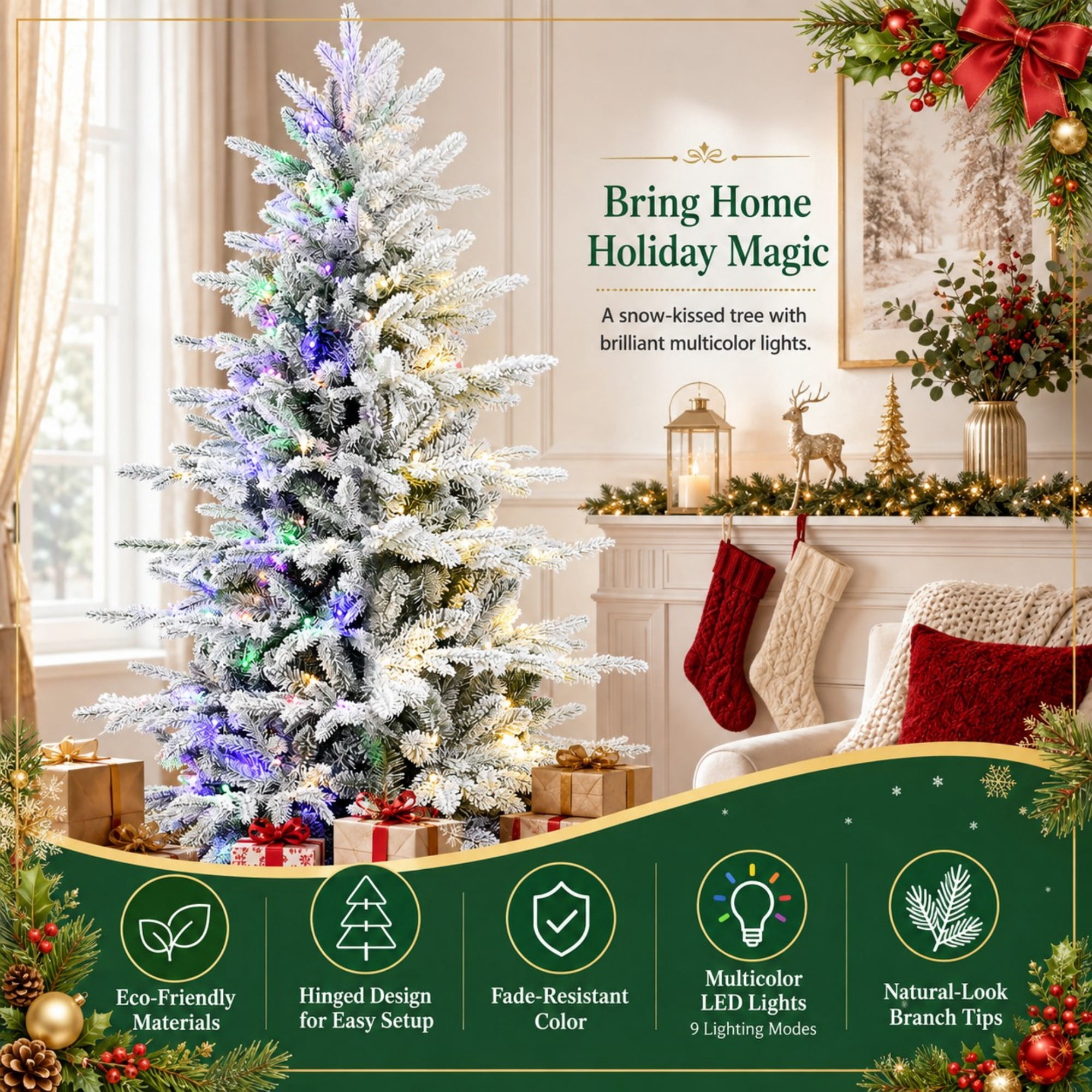 DEALTOPS 4 FT Snow-Flocked Pre-Lit Artificial Christmas Tree with 100 Color-Changing 9-Mode LEDs, 739 Tips