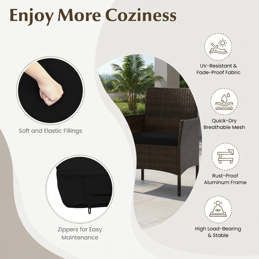 Hommoo 4-Piece Outdoor Rattan Patio Conversation Set with Plush Cushions, Loveseat, 2 Chairs & Tempered Glass Coffee Table, Black