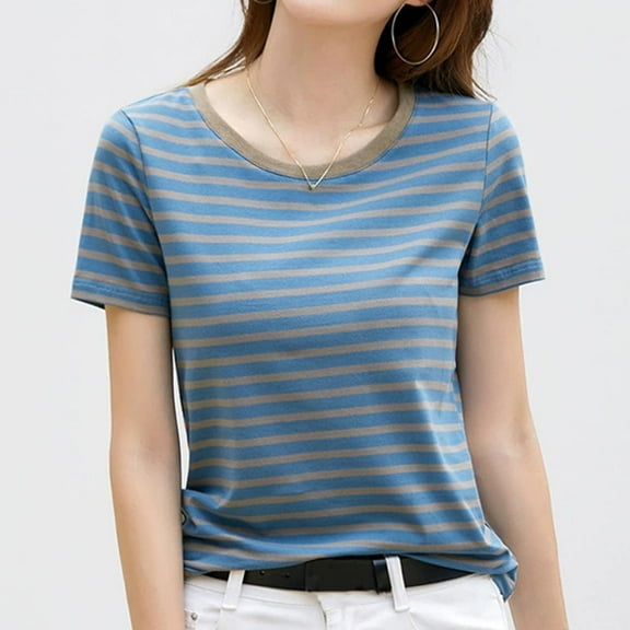 Womens Tops Striped Printed Crew Neck Loose Fit T-Shirts Trendy Vacation Short Sleeve Fashion Casual Blouses