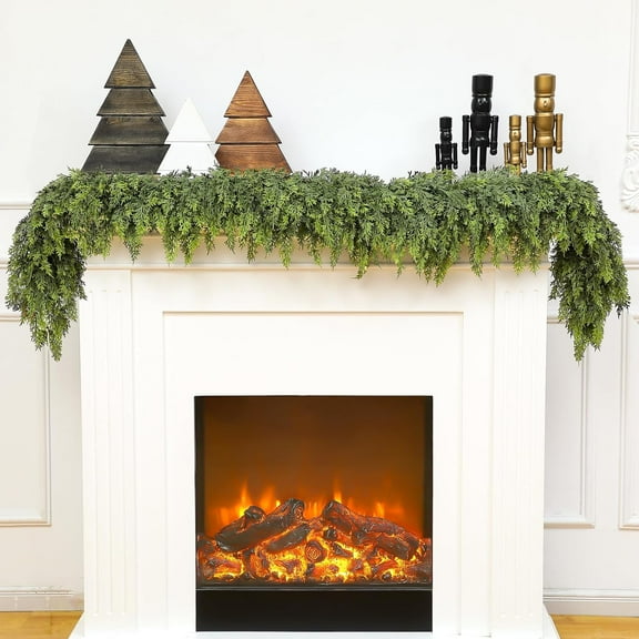 2 Pcs 6.6 ft Christmas Cedar Garland Artificial Realistic Soft and Thickness Green Full Cedar Pine Garland for Fireplace Mantel Table Doorframe Indoor Outdoor Xmas Holiday Decoration