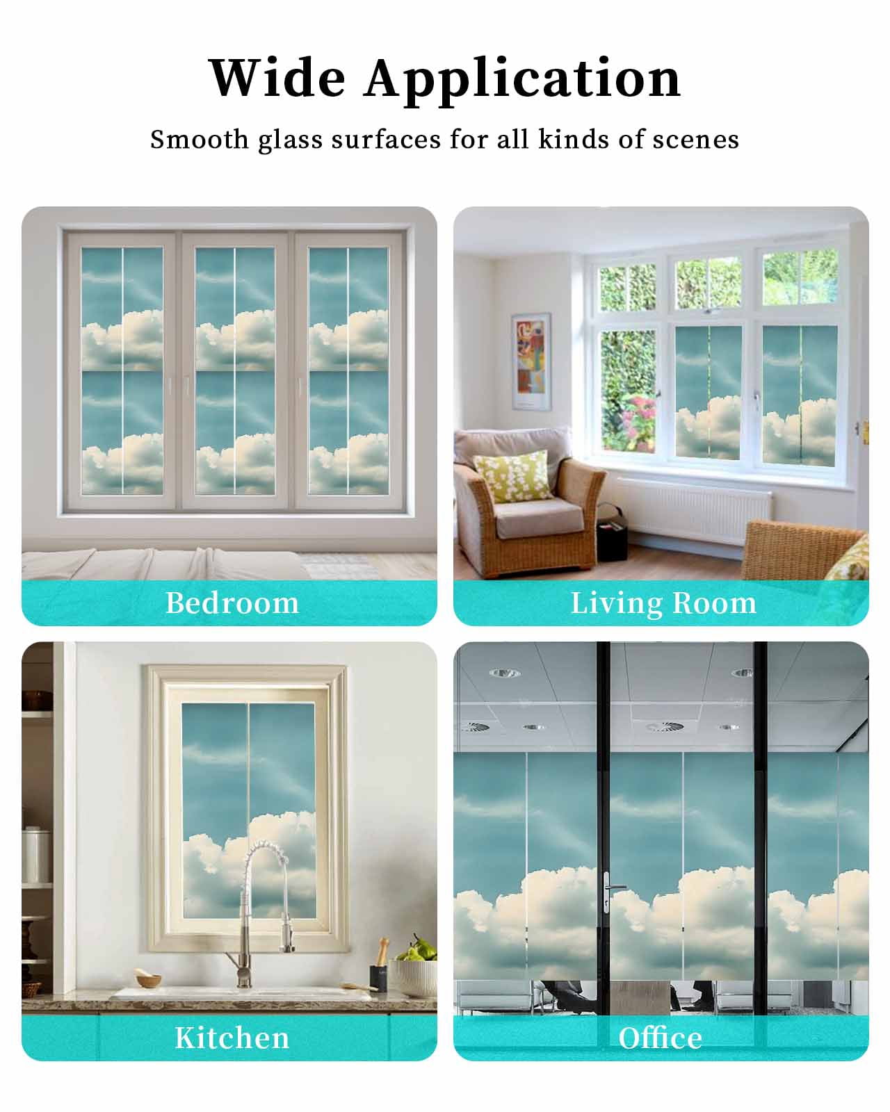 Window Privacy Film Light Blue Cloudy Sky Stained Glass Window Film Decorative Sun Block Window Cover Modern Retro Clouds Scenery Window Clings Static Adhesive Sticker for Bathroom 23.6"x59"