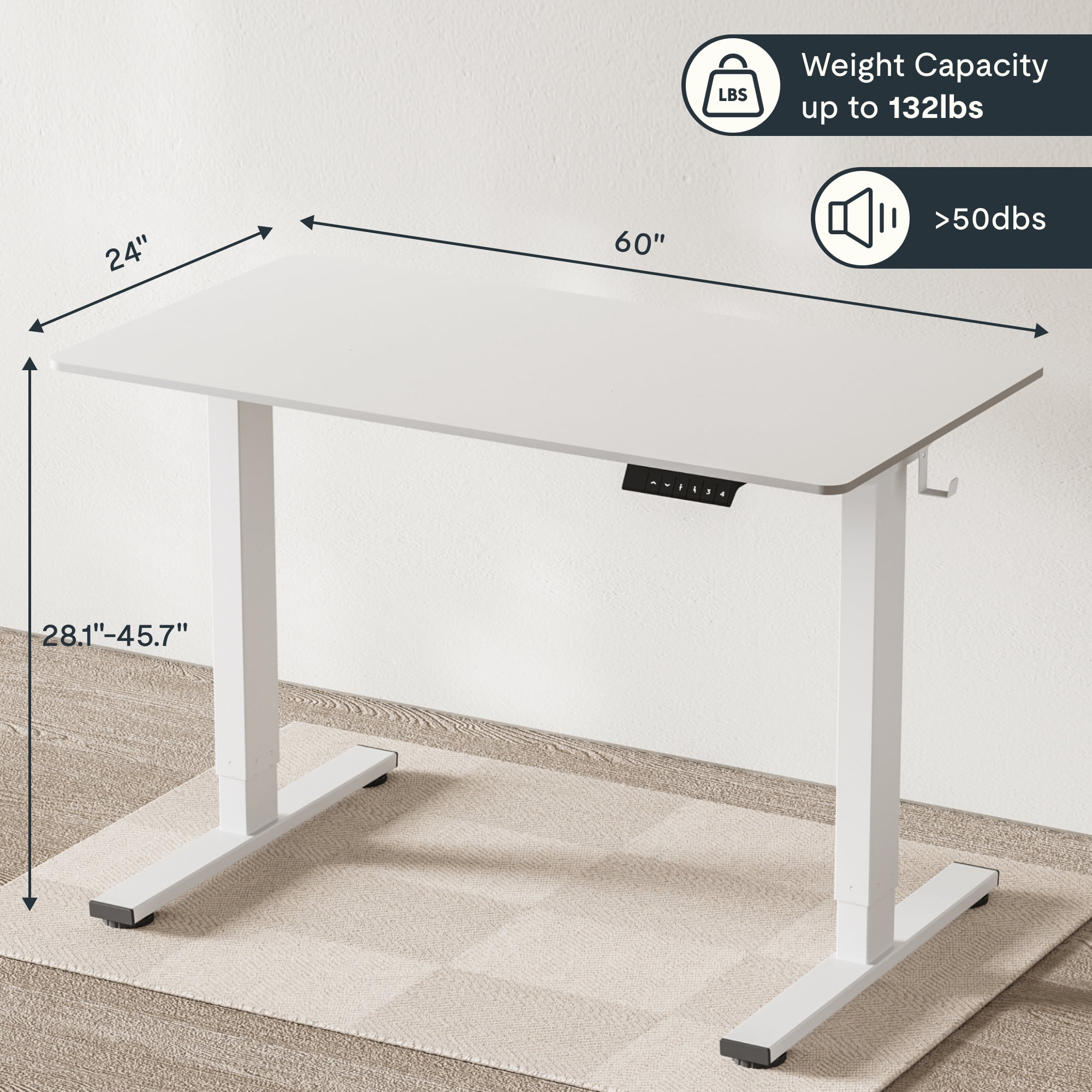 FitStand 60"x24" Home Office Height Adjustable Standing Desk with Hooks, Ergonomic Electric 2-Stage Stand Up Computer Desk, White