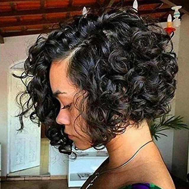 Peluca de cabello sintético ondulado corto y rizado negro natural para mujer TWG
