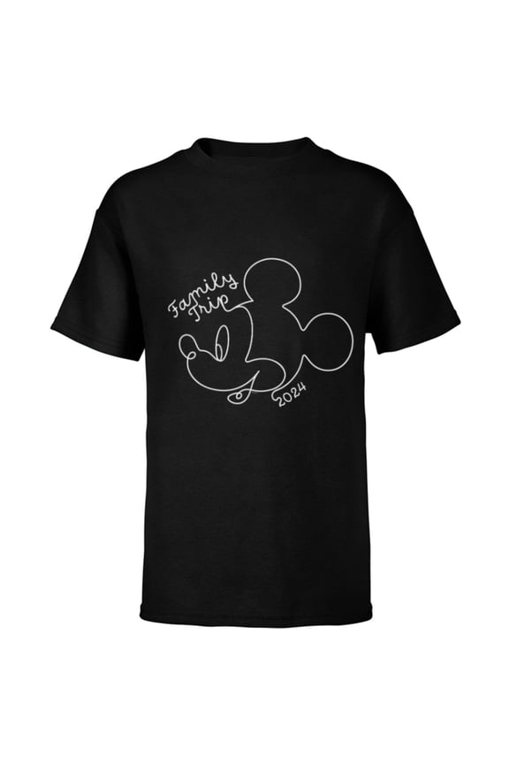 Mickey Mouse Line Drawing Family Trip Vacation 2024 - Short Sleeve T-Shirt for Kids - Customized-Black