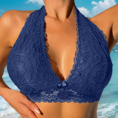 WREESH Women s Floral Lace Halter Bralette Top Hook and Eye Closure Back Unpadded Wirefree Lace Bra Plunge Bra Underwear Blue