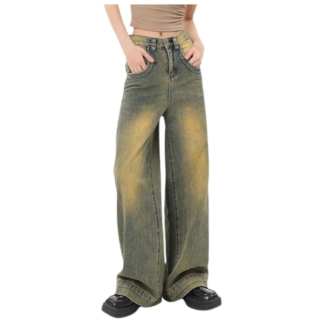Womens Slacks Retro Distressed Yellow Mud Wide Leg Jeans High Waisted Loose Straight Leg Pants Womens Capri Pants Yellow XXL