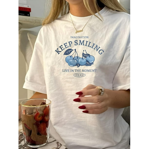 1pc Vintage Style Women'S T-Shirt, Geometric Cherry Print, Crew Neck, Short Sleeve, Cotton Knit Fabric, Regular Length, Casual Summer Top