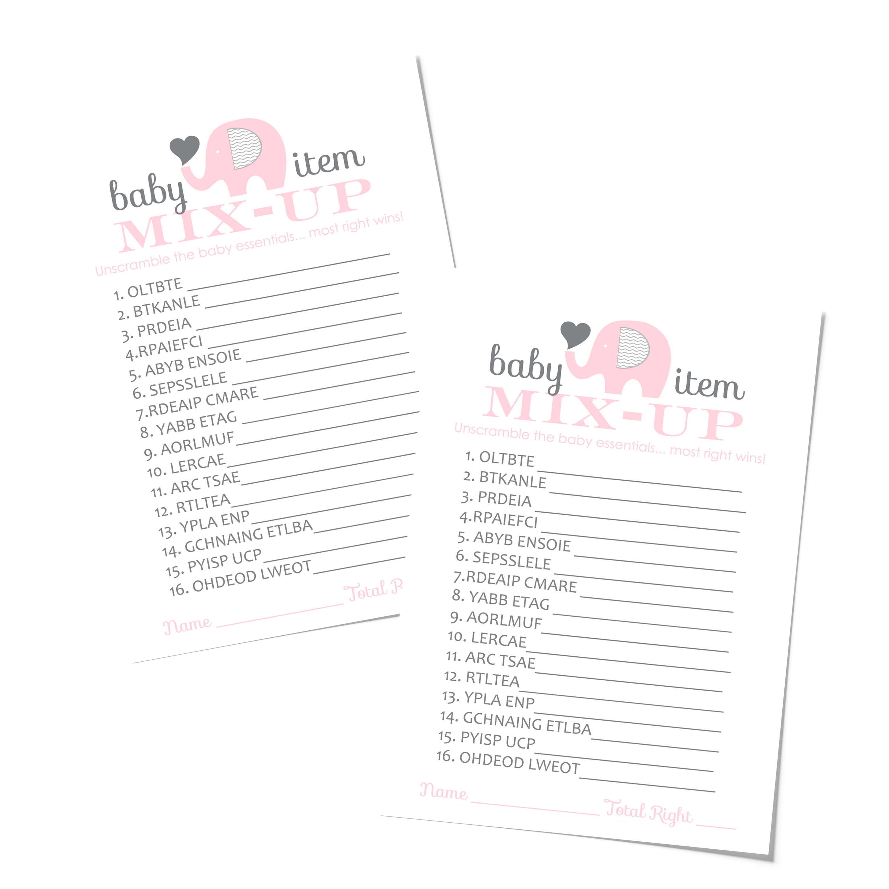 Pink Elephant Word Scramble Baby Shower Games 25 Pack - Unscramble Guessing Activity Cards Gender Reveal  -  Wild Safari Animal Theme  -  Printed 4x6 Size  -  Paper Clever Par