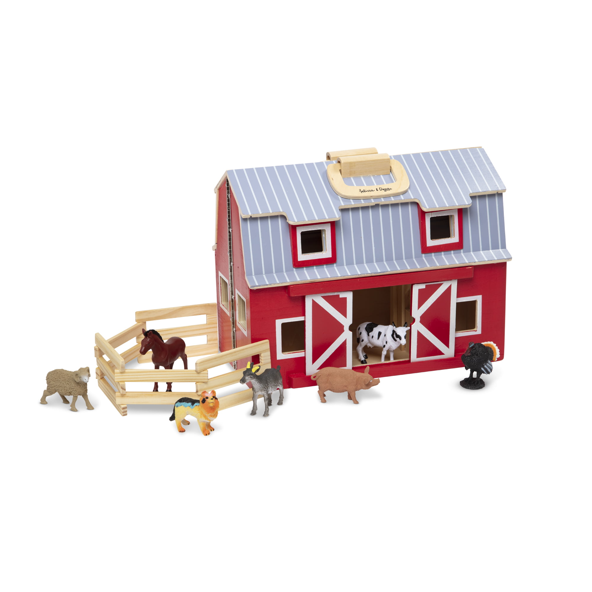 Melissa Doug Fold and Go Wooden Barn With 7 Animal Play Figures Wooden