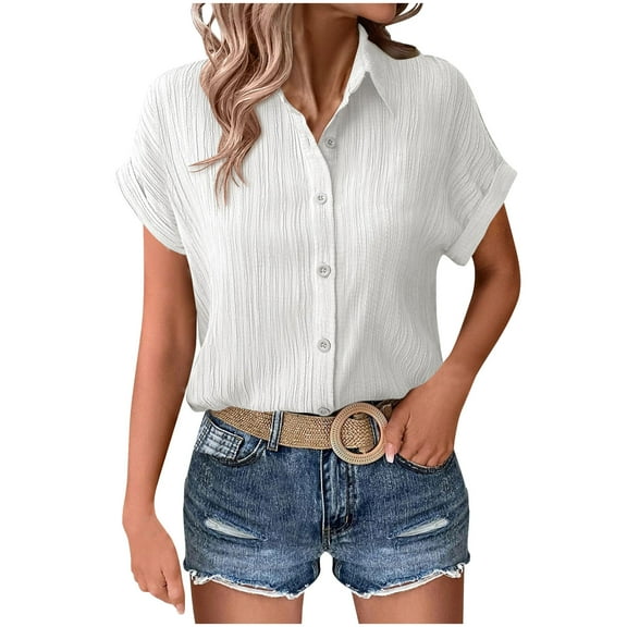 Women's Summer Solid Color Lapel Short Sleeve Loose Button Cardigan Shirt, Lightweight and Stylish Button-up Open Front Shirt, Casual Everyday Wear for All Seasons, Available in Multiple Sizes