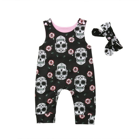 

Newborn Baby Girl s Skull Printed Romper Summer Sleeveless Strap Bodysuit with Headband